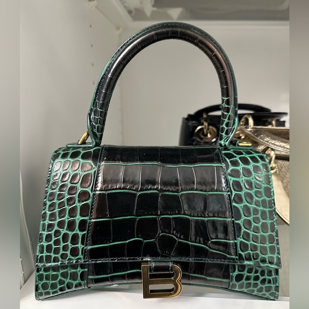 Balenciaga Calfskin Crocodile Embossed Small Hourglass Top Handle Bag